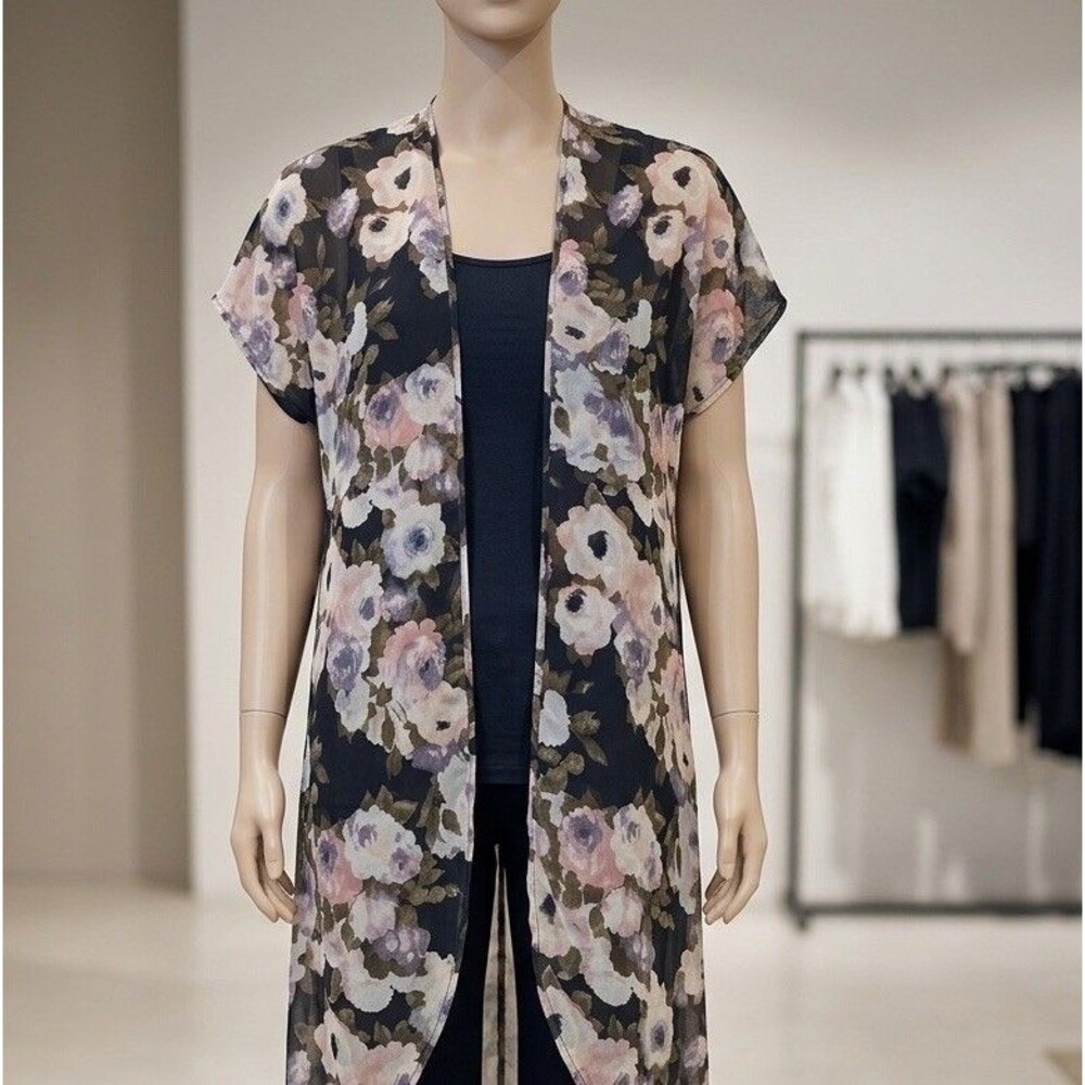 Live 4 Truth Black Floral Sheer Kimono XL Open Front Duster Layering Cover Up